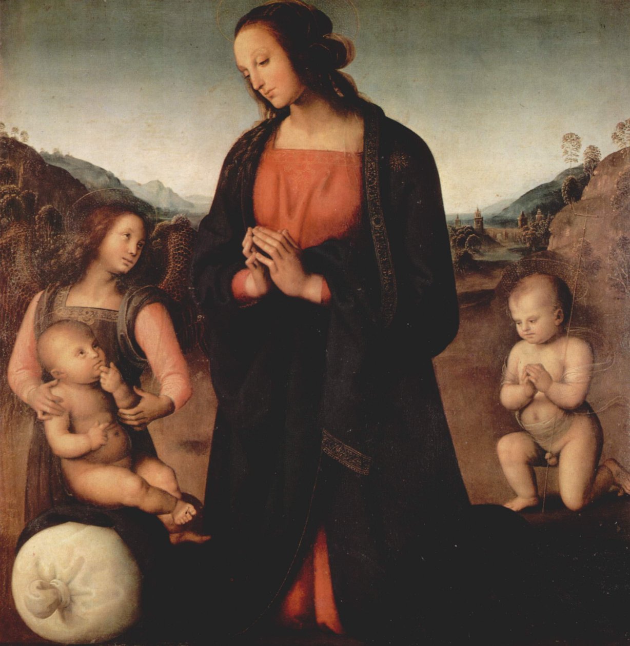 Maria, adorando o menino Jesus, com João Batista e um anjo (Madonna do Sacco) de Pietro Perugino