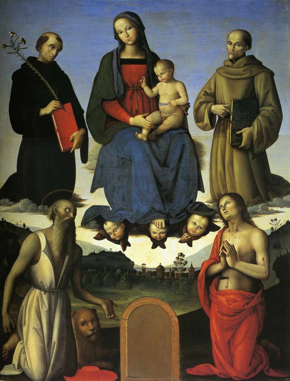 Pala Tezi (Virgem com o Menino, San Nicola da Tolentino e San Bernardino da Siena) de Pietro Perugino