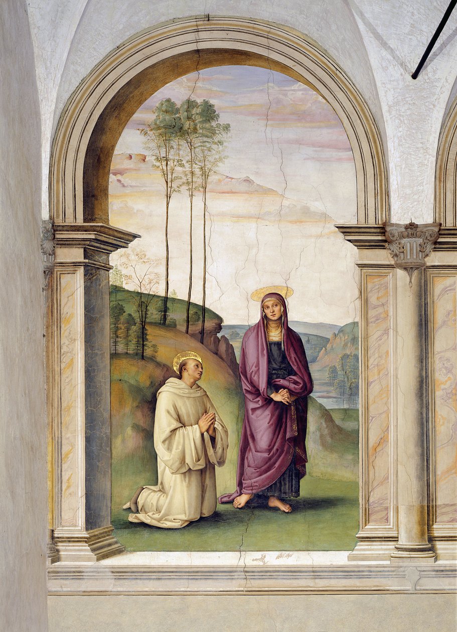 A crucificação, detalhe de São Bernardo e Maria Madalena, detalhe afresco 1494-96 de 230578 de Pietro Perugino