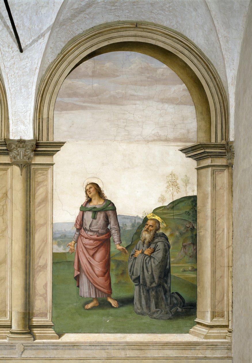 A crucificação, detalhe de São João Evangelista e São Bento, detalhe afresco 1494-96 de 230578 de Pietro Perugino