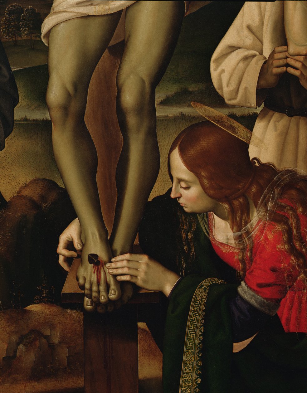A Crucificação com Santos, c.1480-1500 óleo no detalhe do painel de 85666 de Pietro Perugino