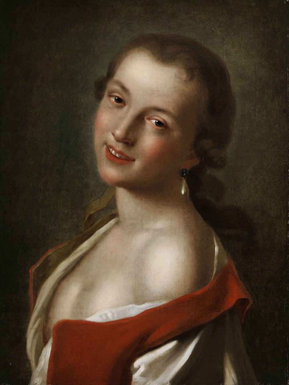 Meio comprimento, retrato, de, um, jovem, menina sorridente, com, teardrop-shaped, pérola, brinco de Pietro Antonio Rotari