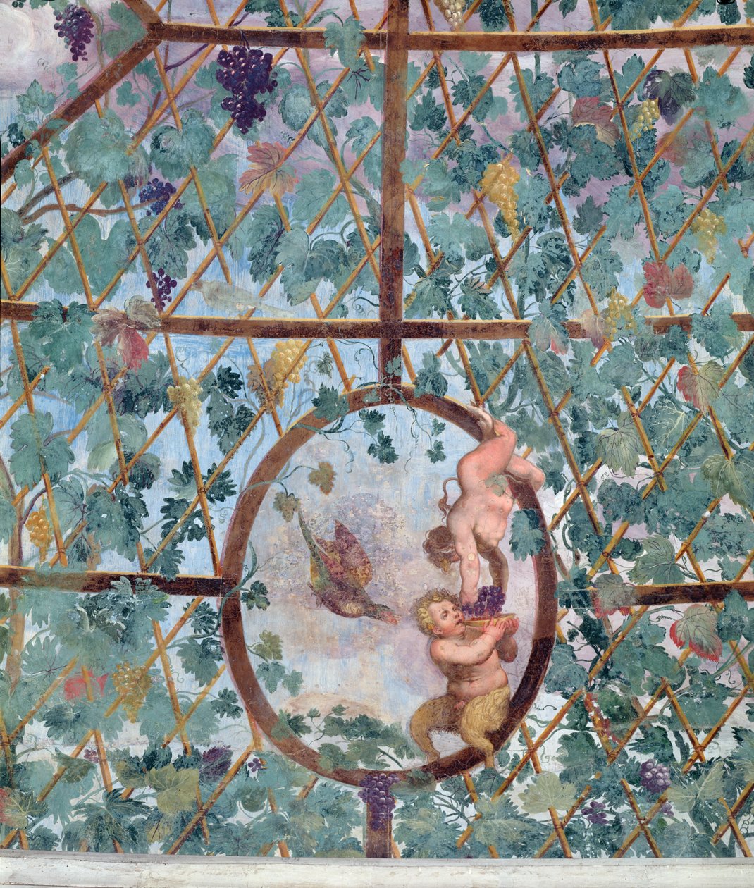 O pórtico iônico semicircular, detalhe da abóbada do teto representando um putto alimentando um jovem sátiro, 1551-55 de Pietro Venale