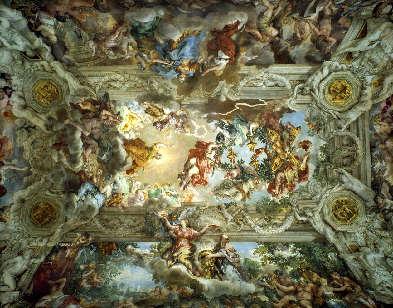 Alegoria da Divina Providência e Barberini Power, Teto da Sala do Palazzo Barberini, Roma, Itália, 1633-39 de Pietro da Cortona