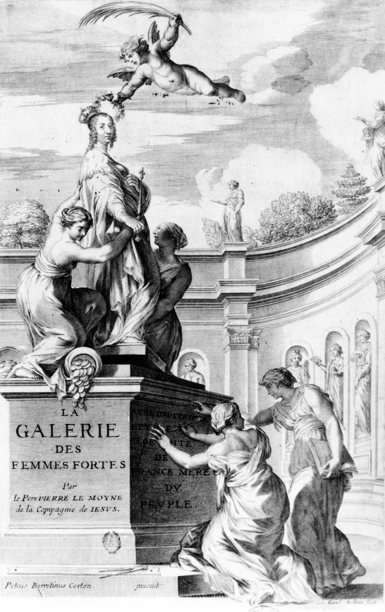 Frontispício de &39;La Gallerie des Femmes Fortes&39; (&39;A Galeria das Mulheres Fortes&39;) por Pierre Le Moyne, publicado em Paris, 1647 de Pietro da Cortona