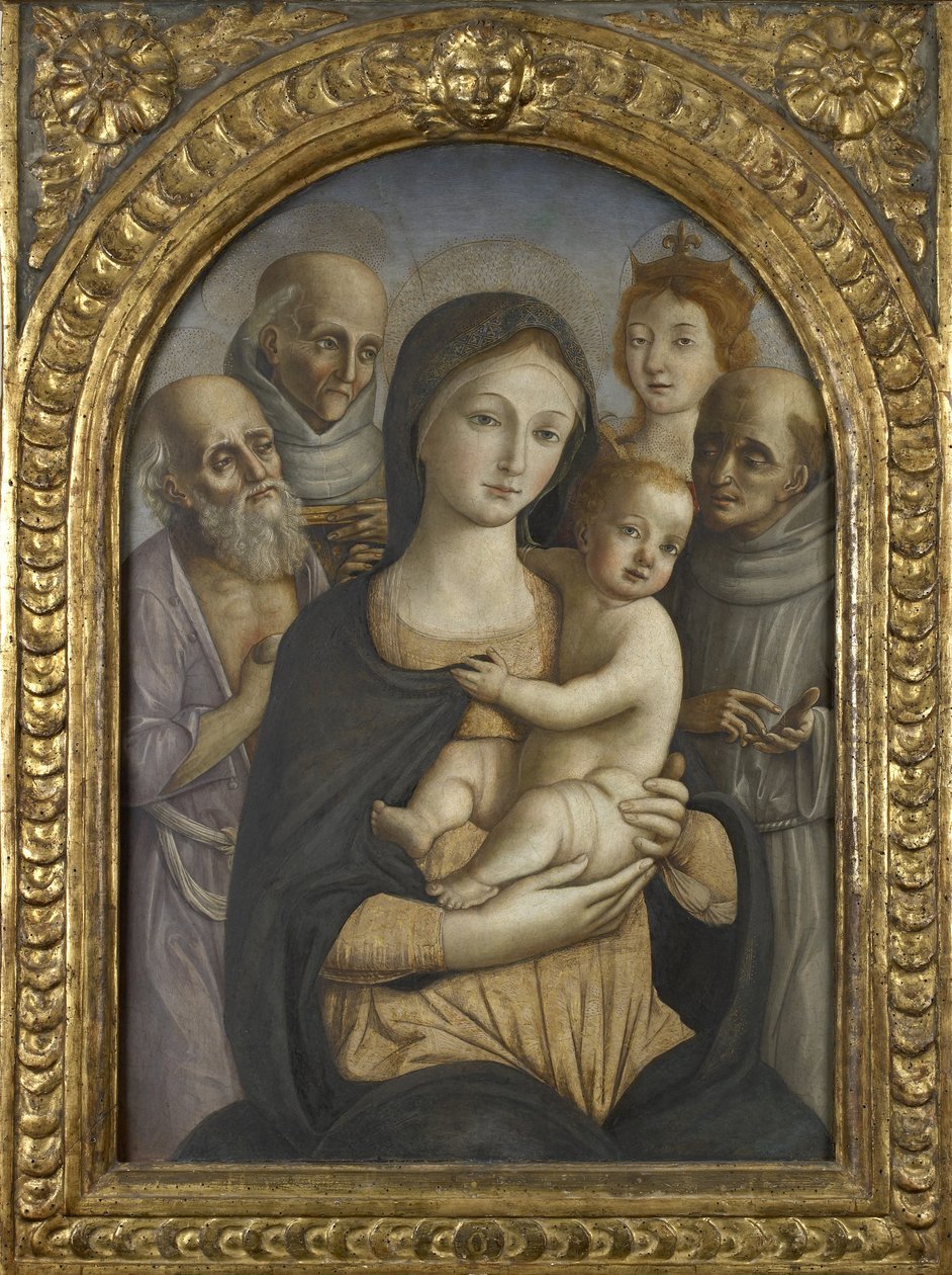 A Virgem e o Menino com SS. Jerônimo, Bernardino de Siena, Catarina de Alexandria e Francisco, do século XV de Pietro di Francesco degli Orioli