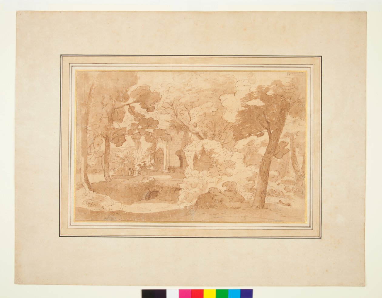 Paisagem com uma construção em ruínas vista entre árvores (caneta e tinta marrom e lavagem marrom) de Pietro Testa