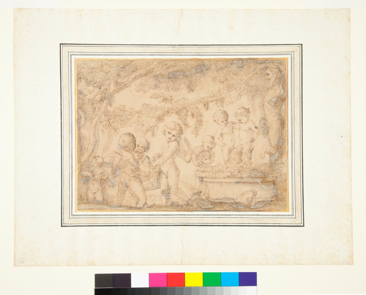 Putti e Infant Satyrs Pressing Grapes (caneta e tinta marrom e lavagem marrom) de Pietro Testa