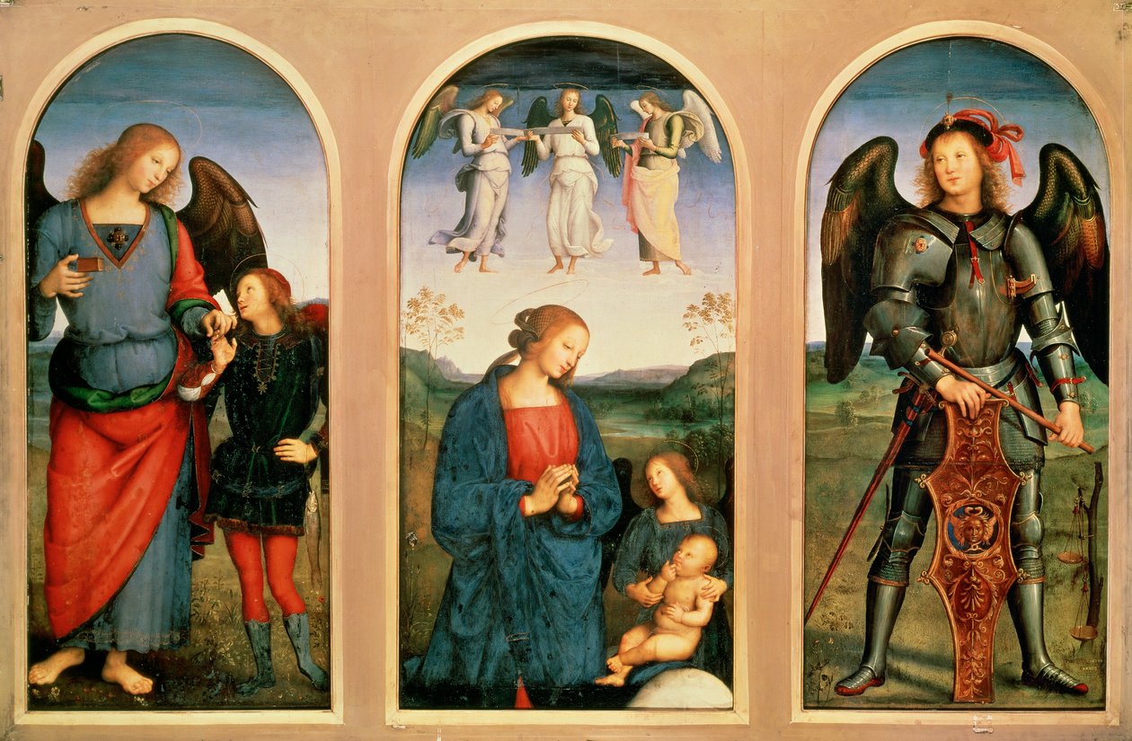 A virgem com os anjos, à esquerda e à direita Arcanjos Rafael com o jovem Tobias e o peixe e Rafael ... (pintura sobre tela) de Pietro (after) Perugino