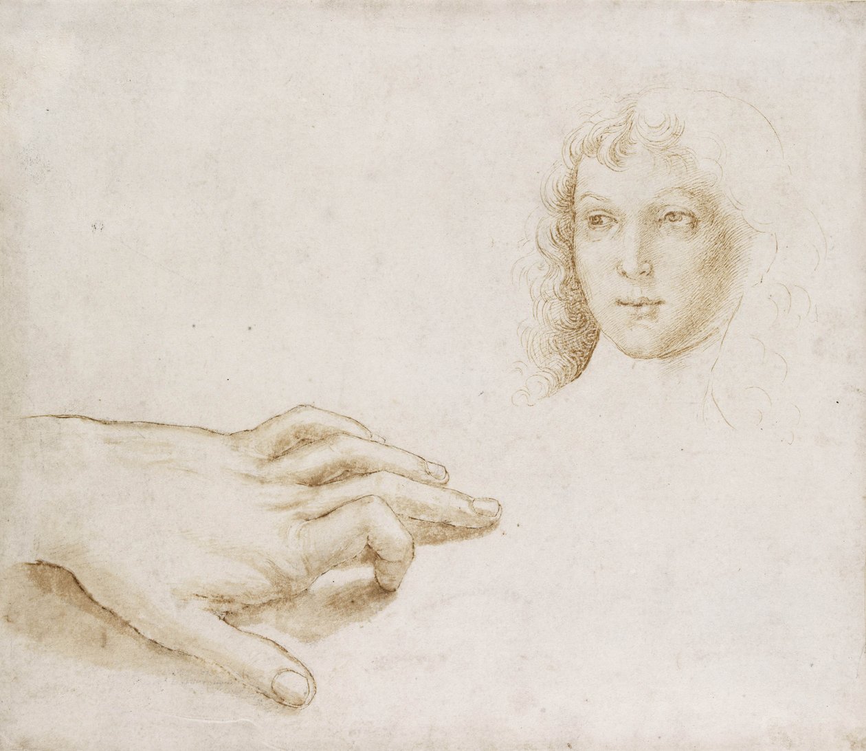 Estudos de uma cabeça e uma mão (caneta e pincel em tinta marrom-clara sobre ponta de metal em papel branco) de Pietro (circle of) Perugino