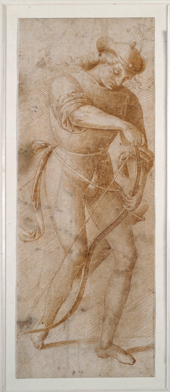 Um jovem amarrando seu arco (caneta e tinta marrom sobre papel branco) de Pietro (follower of) Perugino