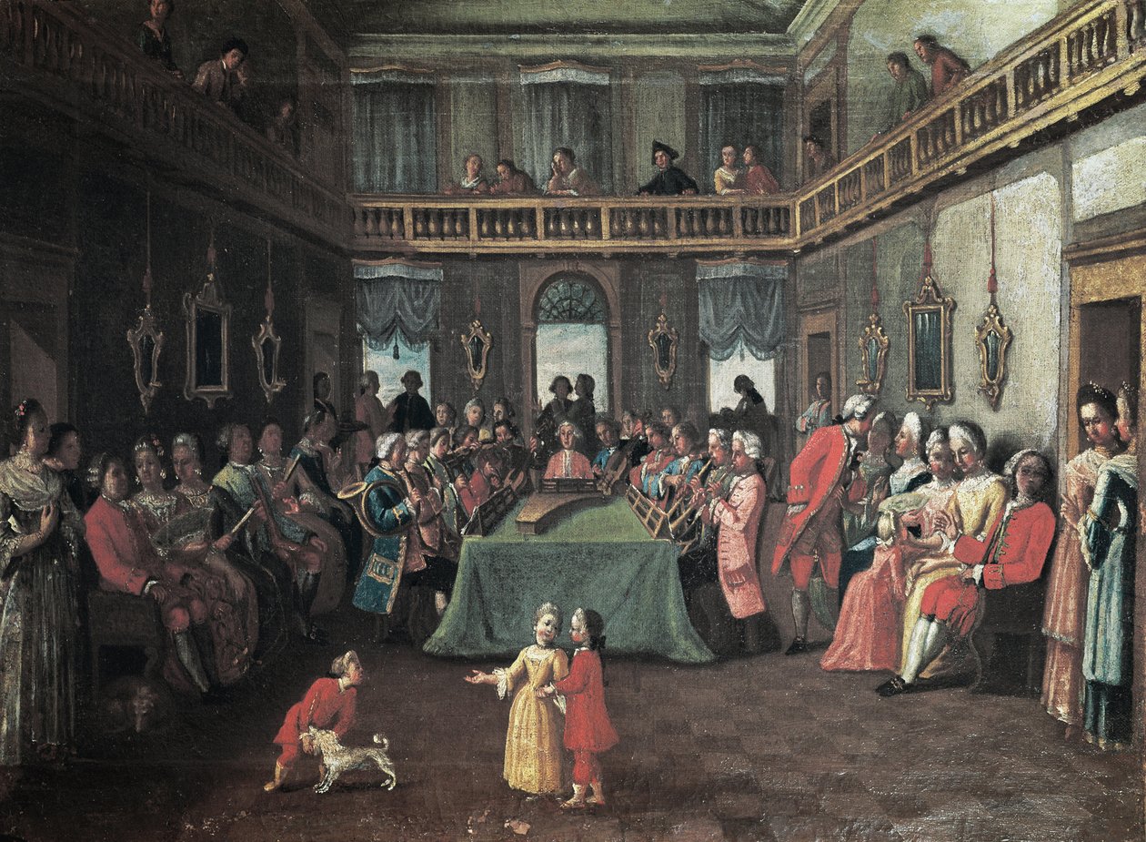 Concerto numa Casa Privada - Concerto privado numa casa. Pintura da escola de Pietro Longhi de Pietro (school of) Longhi