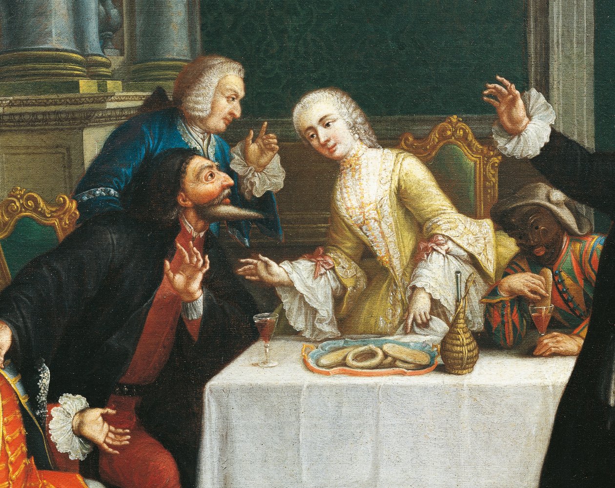 "O lanche com as máscaras" Comediantes vestindo fantasias da Commedia dell