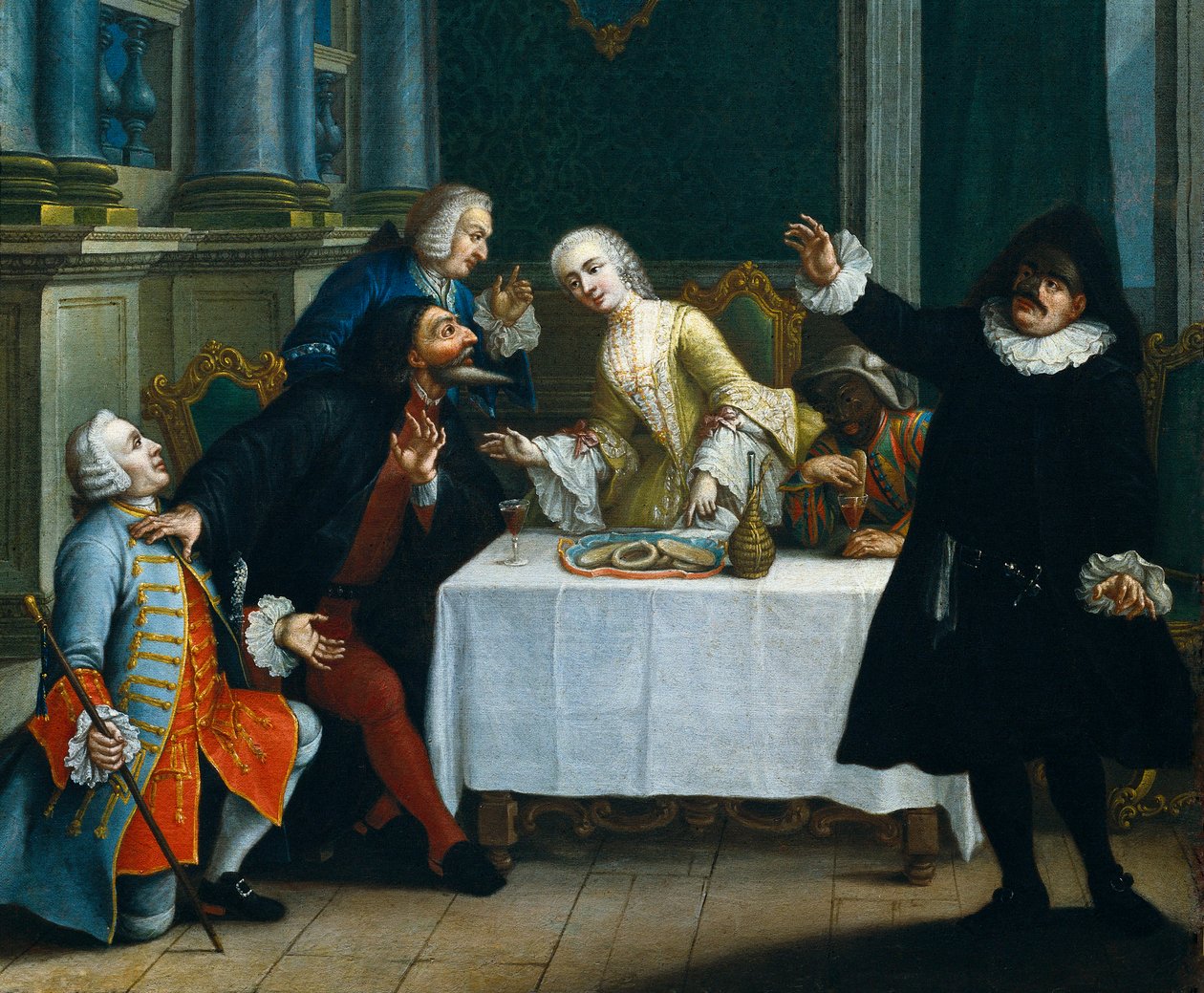 "O lanche com as máscaras" Comediantes vestindo fantasias da Commedia dell