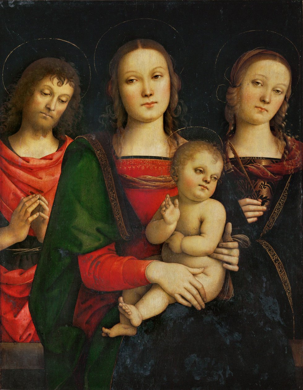 Nossa Senhora e o Menino, rodeados por São João Batista e Santa Catarina ... de Pietro (studio of) Perugino