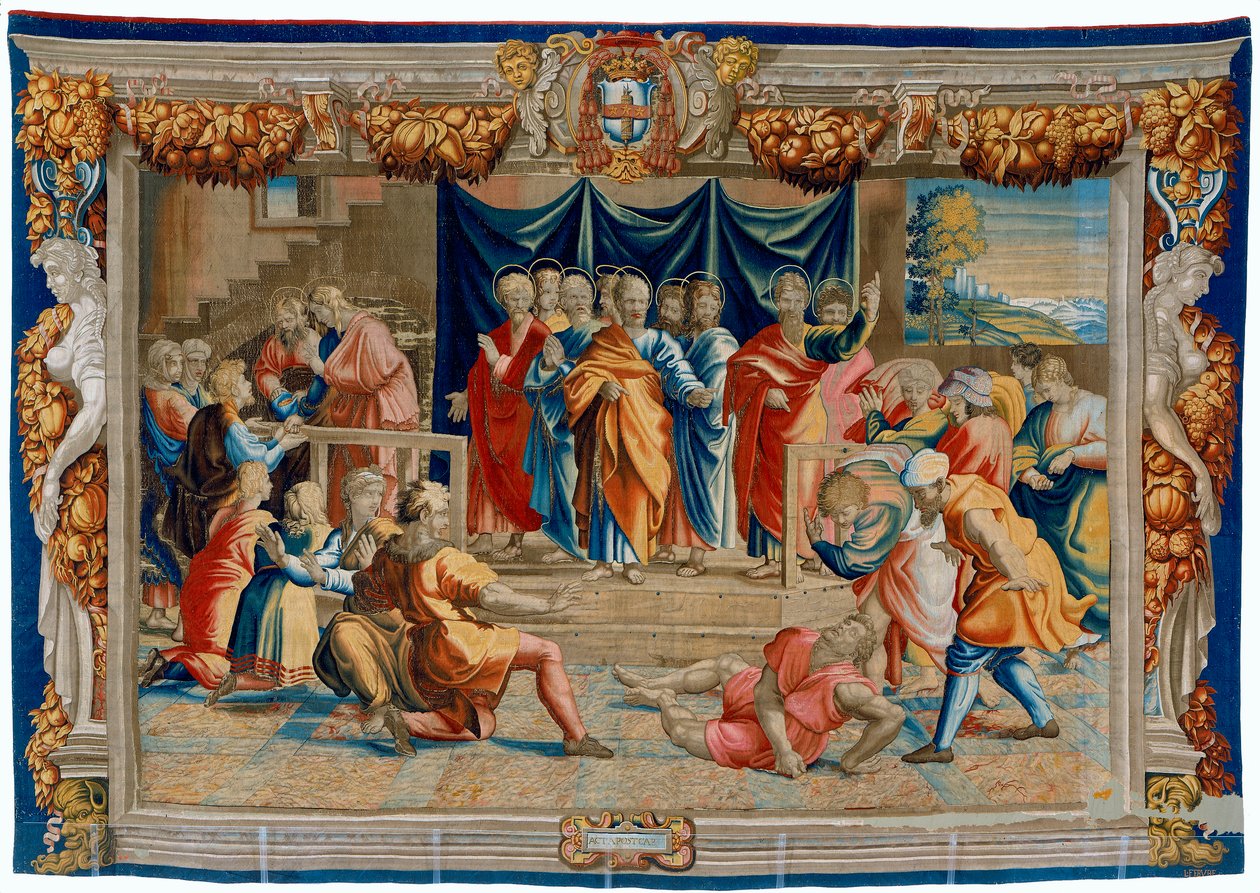 Tapeçaria do século XVII representando a morte de Anania de Pietro 1579 1669 Fevère