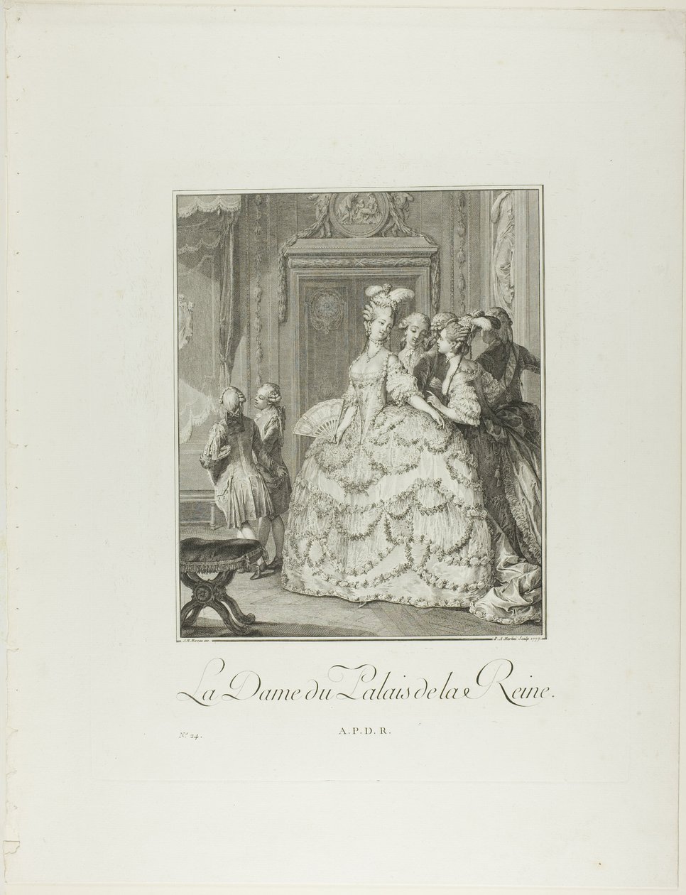 A dama de companhia da rainha, de Monument du Costume Physique et Moral de la fin du Dix-huitième siècle de Pietro Antonio Martini