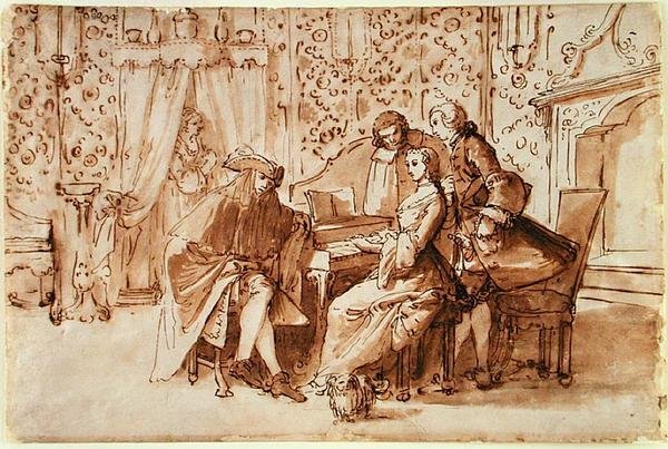 A Music Party (caneta e lavagem castanha sobre giz preto no papel) de Pietro Antonio Novelli