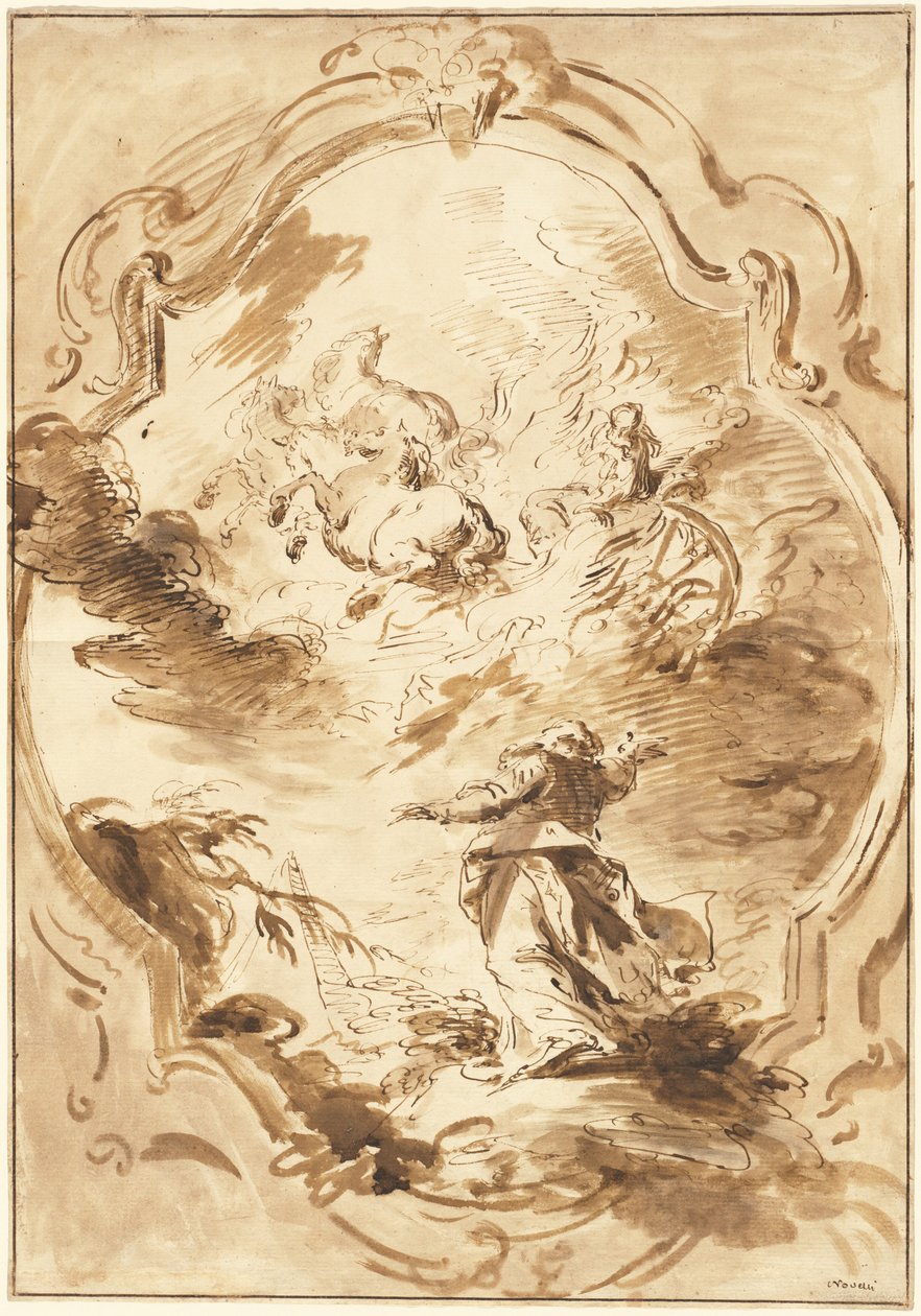 Eliseu assistindo Elias ascender na carruagem de fogo de Pietro Antonio Novelli