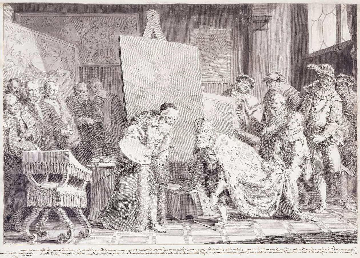 Imperador Carlos V pegando o pincel de Ticiano, de Pietro Antonio Novelli