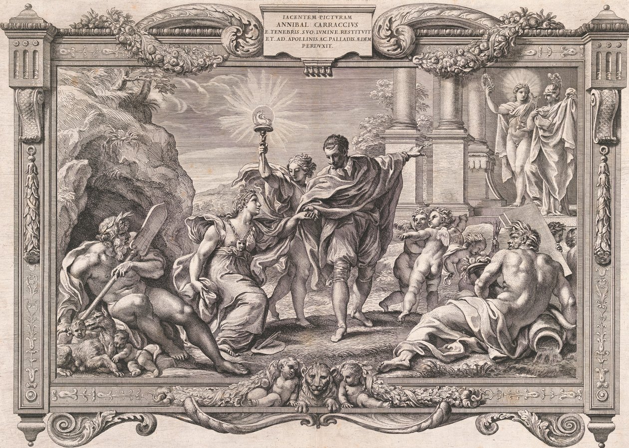Annibale Carracci Apresenta Pintura a Apolo e Minerva, 1674. de Pietro Aquila