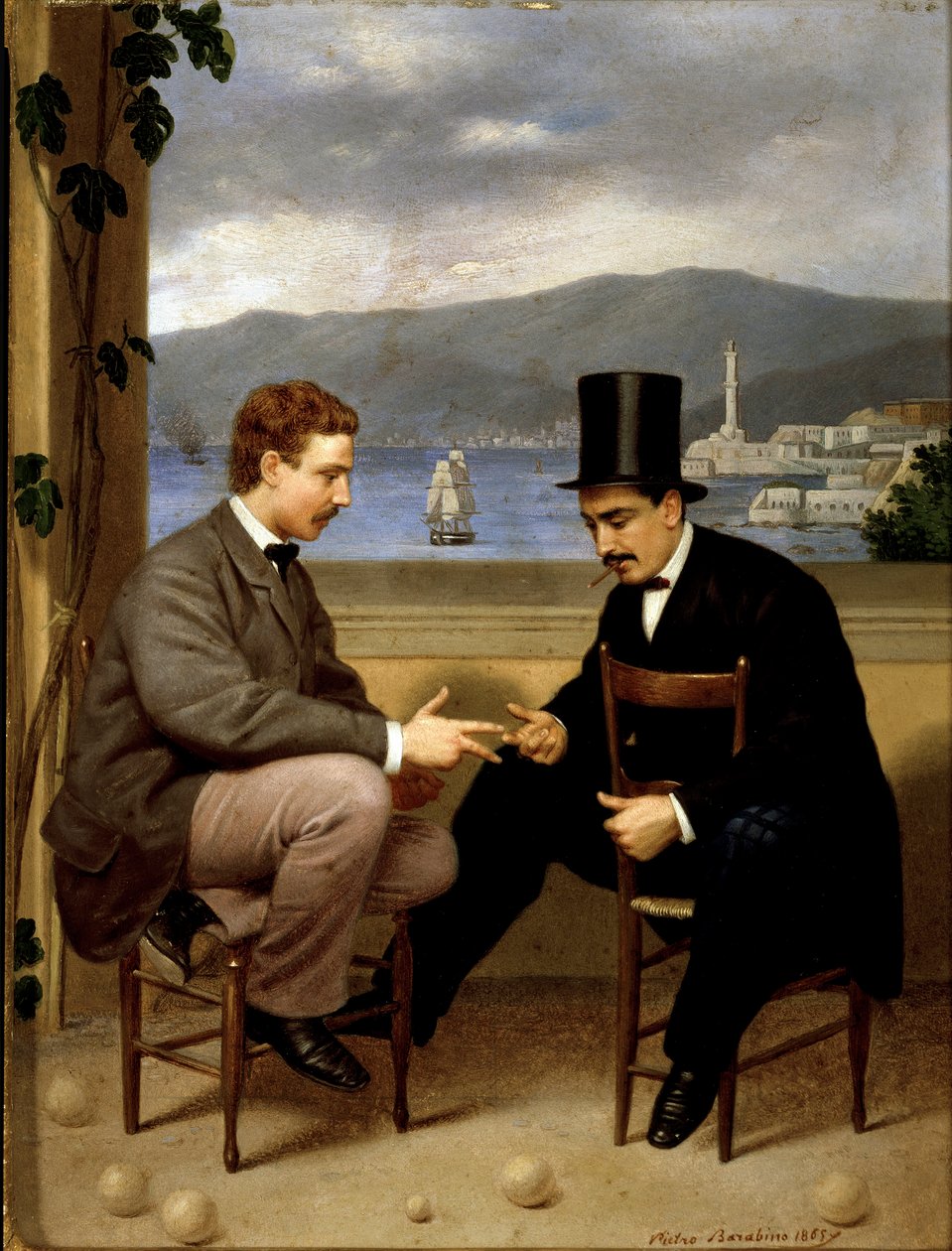 Dois jogadores a morrer Jogo de origem italiana "morra", um homem de fato com cartola e charuto tem a boca sentada em califourchon na cadeira. Pintura de Pietro Barabino (1822-1869) 1865 Sol. 25,5x19,5 cm Genes, Galleria d