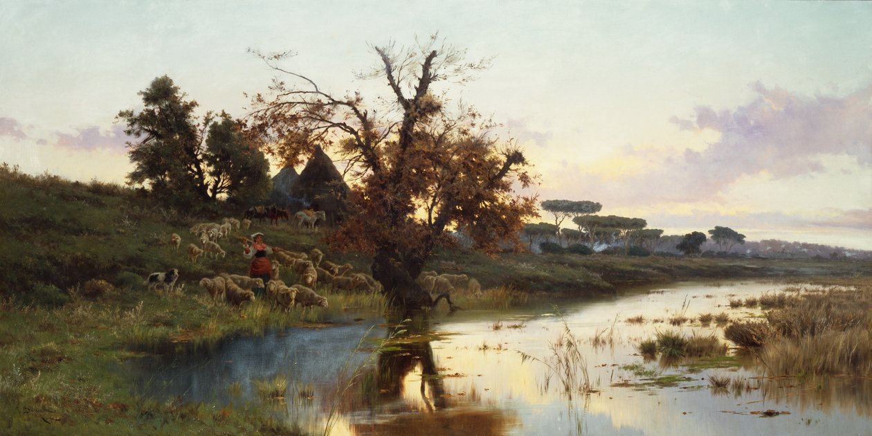 Rebanho ao pôr-do-sol (óleo sobre tela) de Pietro Barucci
