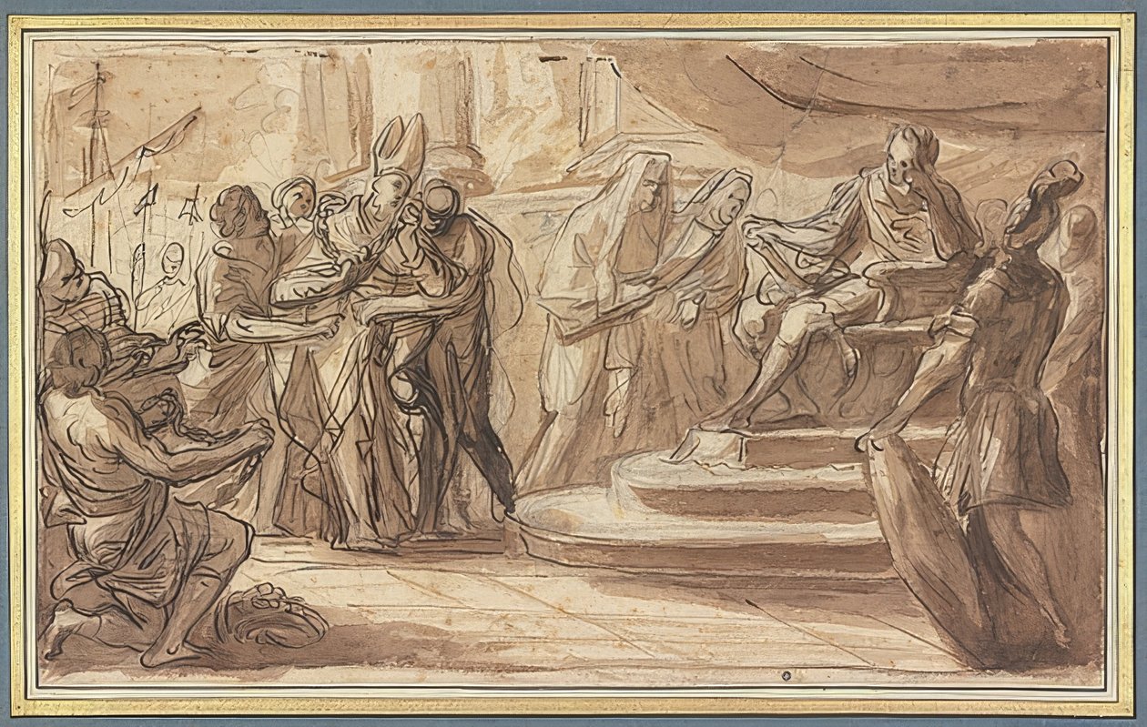 Um bispo é amarrado diante de um imperador romano de Pietro Bianchi