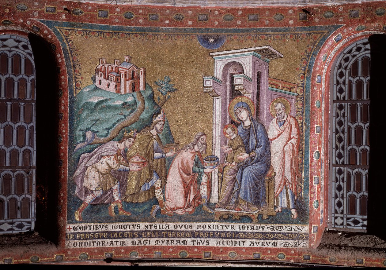 Adoração dos Magos do Mosaico da abside de Pietro Cavallini (ativa por volta de 1273-1330) final do século XIII (Adoração dos Magos, mosaico da abside de Pietro Cavallini, final do século XIII) Roma, Igreja Santa Maria em Trastevere Itália de Pietro Cavallini