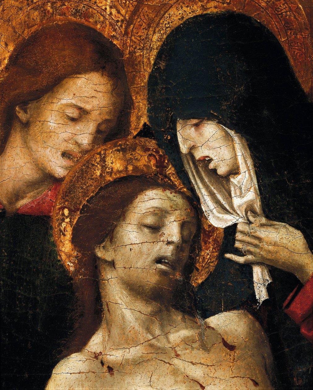 Descida da Cruz (Deposizione), detalhe de São João, a Virgem Maria e Cristo, início do século XVI (tempera no painel) de Pietro Cavaro