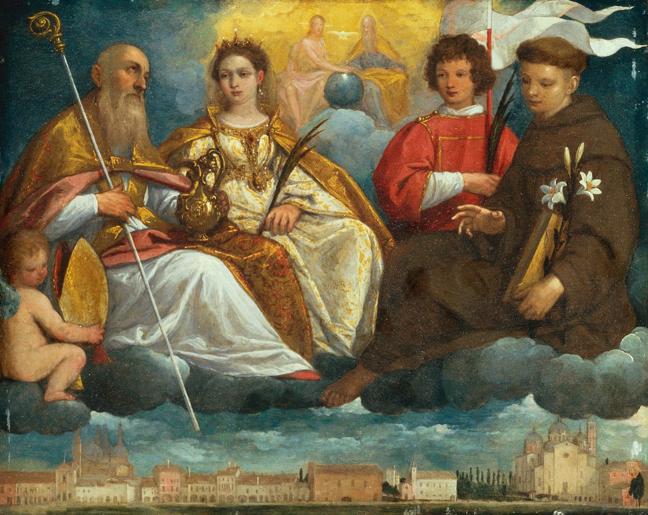 São Prosdocimus, Justina, Daniel e Antônio de Pádua na Glória com vista para o Prato della Valle, Pádua (óleo sobre cobre). de Pietro Damini