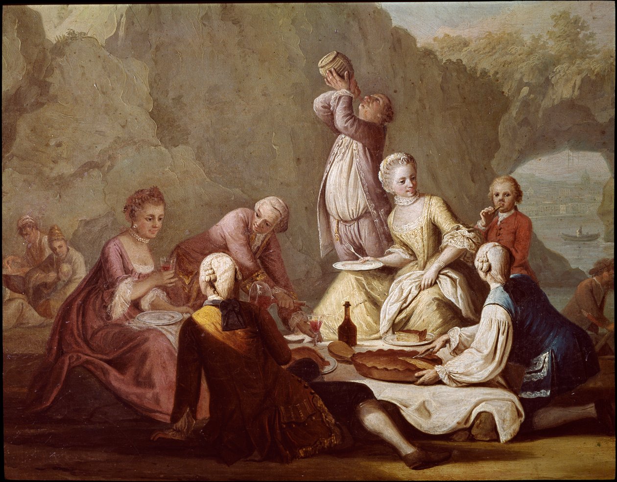 Cena de banquete em Posillipo (Pausilippe) Nápoles Detalhe do piquenique de aristocratas - Banquete em Posillipo - Detalhe do banquete de aristocratas - Pintura de Pietro Fabris Museo Nazionale di San Martino Nápoles do século XVIII de Pietro Fabris