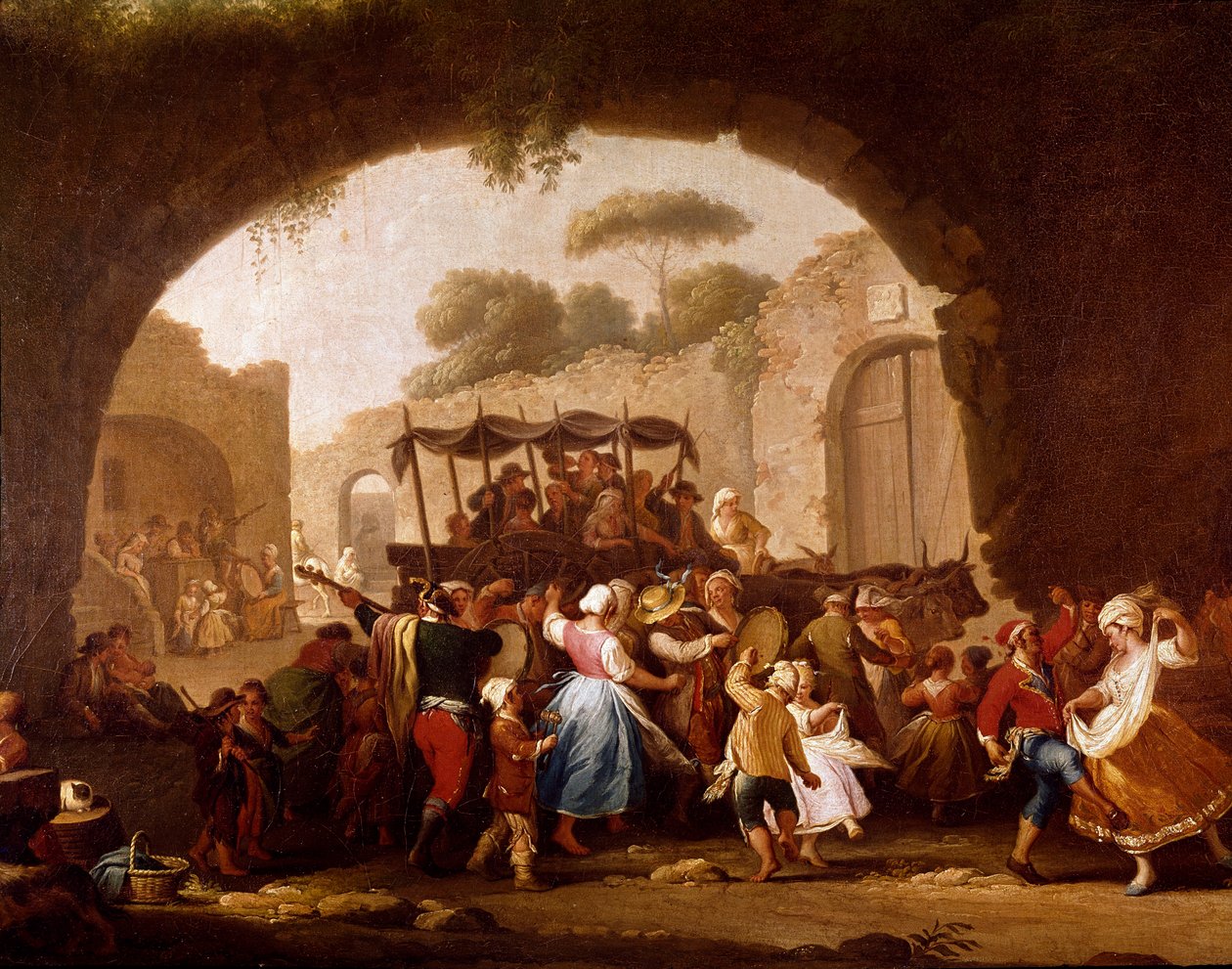 Cena de dança e festa popular em Nápoles Detail. Dançarinas de Tarantella (tarantella, tarantella). Pintura de Pietro Fabris (ativa entre 1763 e 1776) Nápoles do século XVIII, Museo Nazionale di San Martino de Pietro Fabris