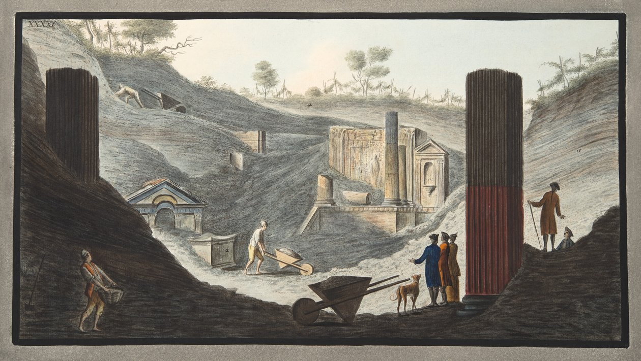 Primeiras escavações em Herculano, nas quais Sir William estava ativo com o apoio dos monarcas, de "Campi Phlegraei: Observações sobre os vulcões das Duas Sicílias", de William Hamilton, 1776 de Pietro Fabris