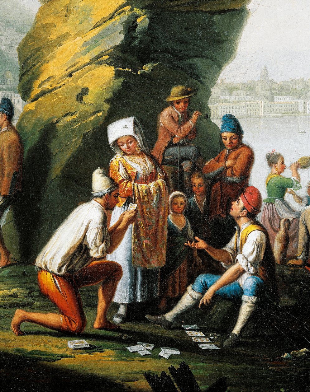 Cena do cotidiano na caverna Posillipo, homens jogando cartas, de Pietro Fabris (ativo 1768-1778), óleo sobre tela, detalhe de Pietro Fabris
