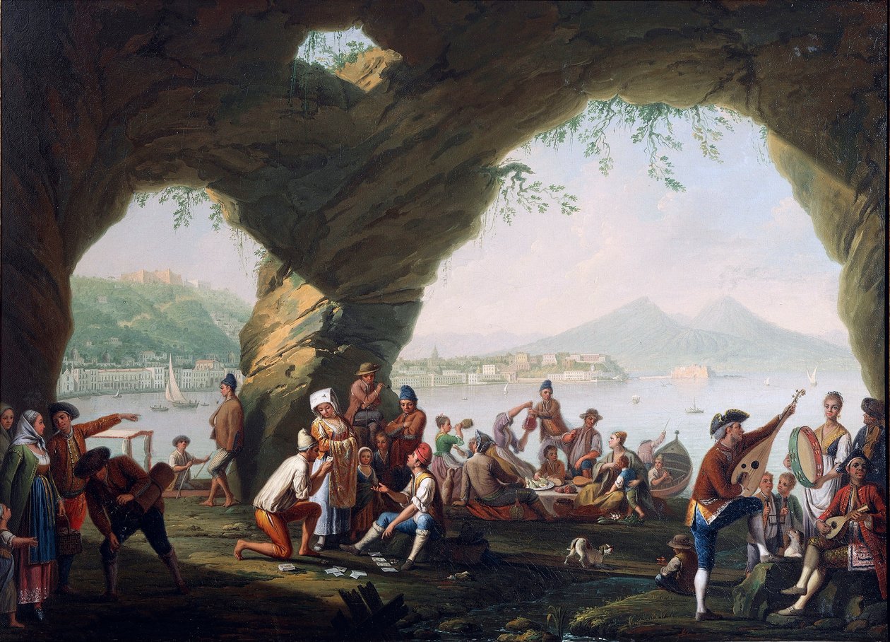 Cenas do cotidiano em uma caverna em Posillipo, perto de Nápoles, de Pietro Fabris (óleo sobre tela) de Pietro Fabris