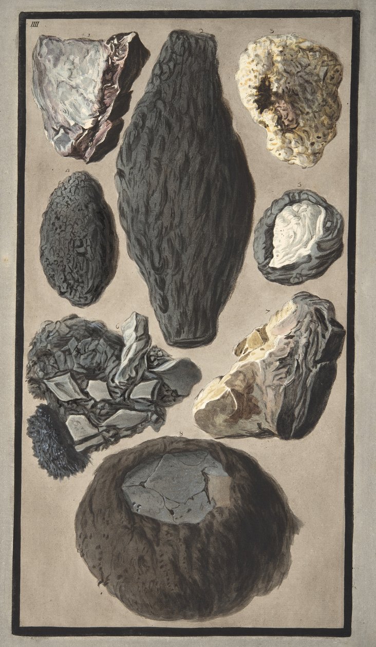 Espécimes de matéria vulcânica, de &39;Campi Phlegraei: Observações sobre os vulcões das Duas Sicílias&39;, de Sir William Hamilton (1730-1803), publicado em 1776 (gravura colorida à mão) de Pietro Fabris