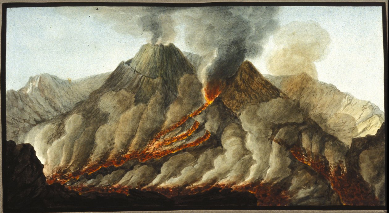 O vesúvio em erupção. Esta guache foi realizada por Pierre Fabris, a pedido de Sir William Hamilton, embaixador inglês em Nápoles.Bibl. Braidense, Milão. de Pietro Fabris