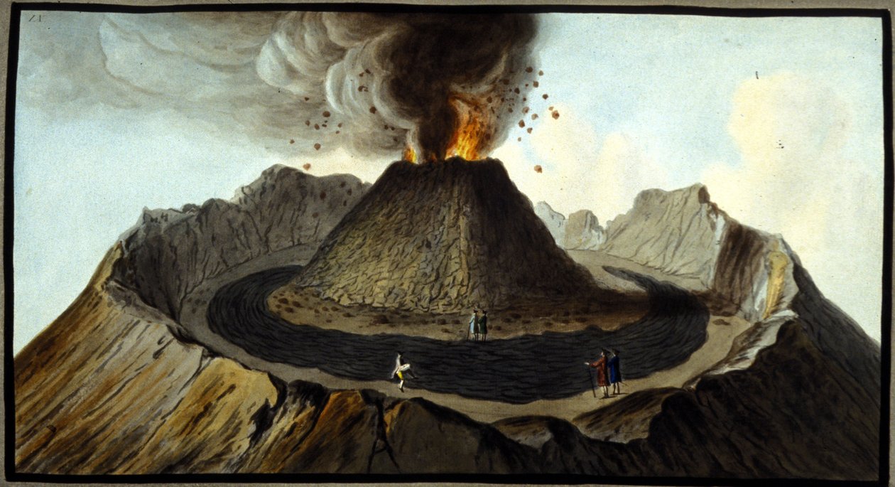 O vesúvio em erupção. Esta guache foi realizada por Pierre Fabris, a pedido de Sir William Hamilton, embaixador inglês em Nápoles.Bibl. Braidense, Milão. de Pietro Fabris
