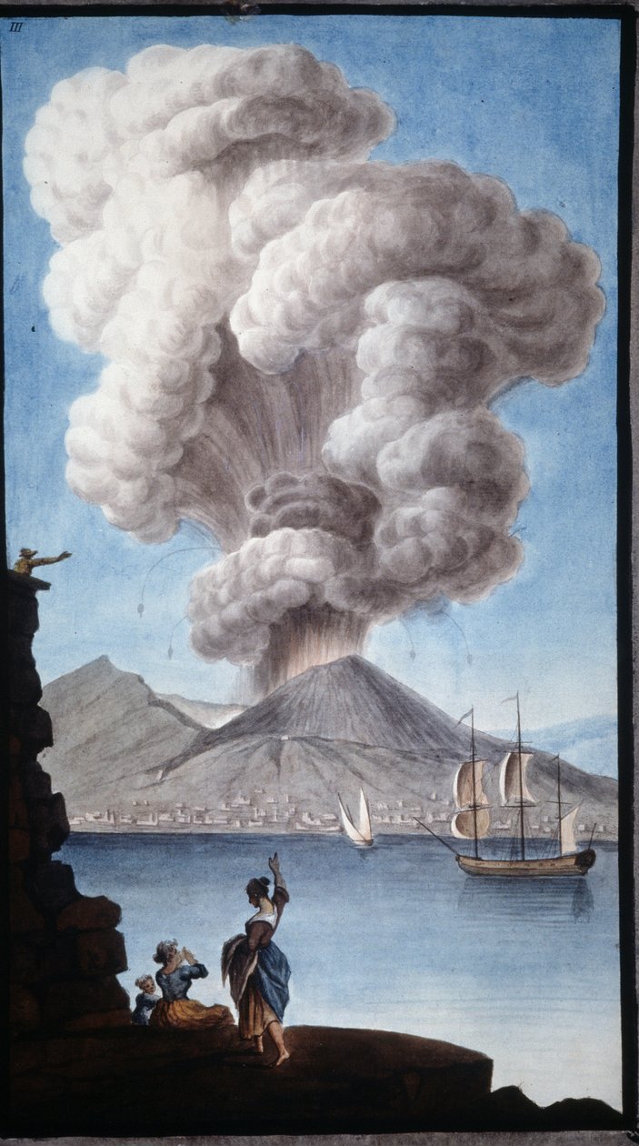 A erupção do Vesúvio em 1779. Esta guache foi realizada por Pierre Fabris, a pedido de Sir William Hamilton, embaixador inglês em Nápoles. de Pietro Fabris