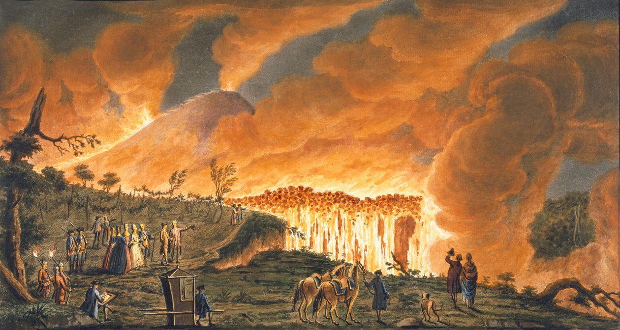 Vista de Hamilton escoltando suas majestades sicilianas em 11 de maio de 1771, para observar o fluxo de lava da grande erupção do Vesúvio, placa 38 de &39;Campi Phlegraei: Observações sobre os vulcões de de Pietro Fabris