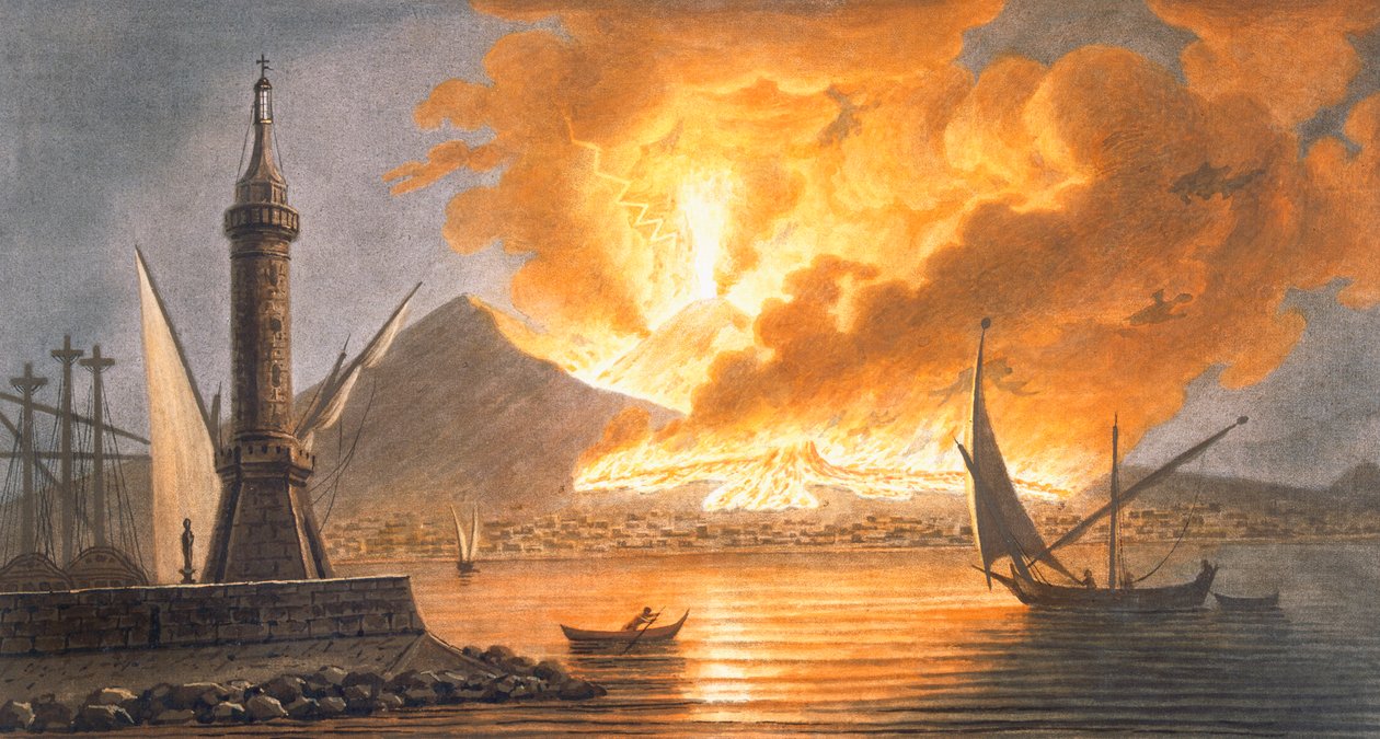 Vista da grande erupção do Vesúvio da toupeira de Nápoles na noite de 20 de outubro de 1767, 1776 de Pietro Fabris