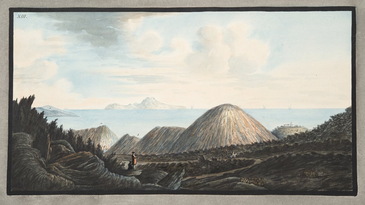 Vista do estado atual da pequena montanha levantada pela explosão no ano de 1760, Placa XIII, de &39;Campi Phlegraei: Observações sobre os vulcões das Duas Sicílias&39;, por Sir William Hamilto de Pietro Fabris