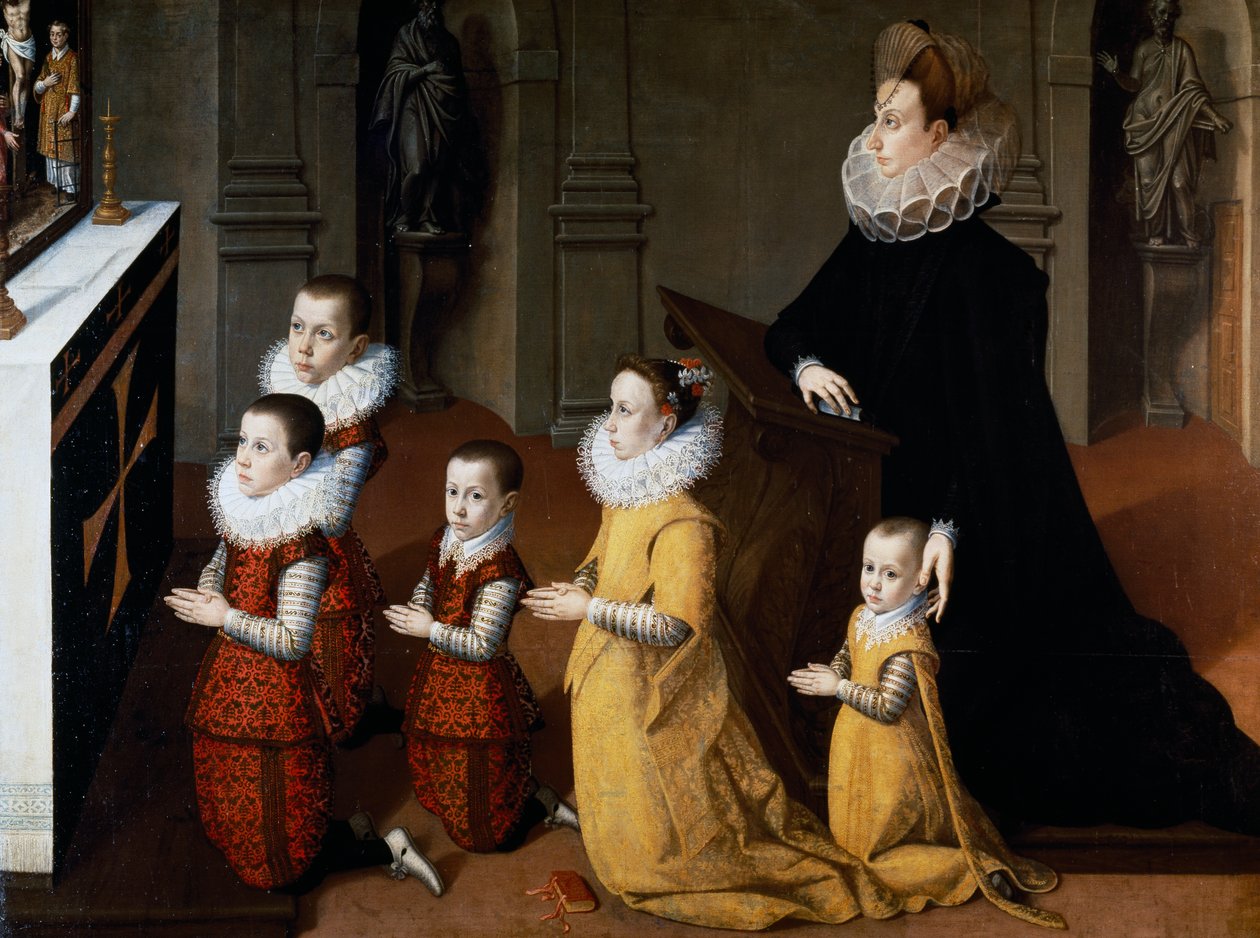 Retrato de Chiara Albini Petrozzani com os seus filhos em oração (óleo sobre tela) de Pietro Facchetti