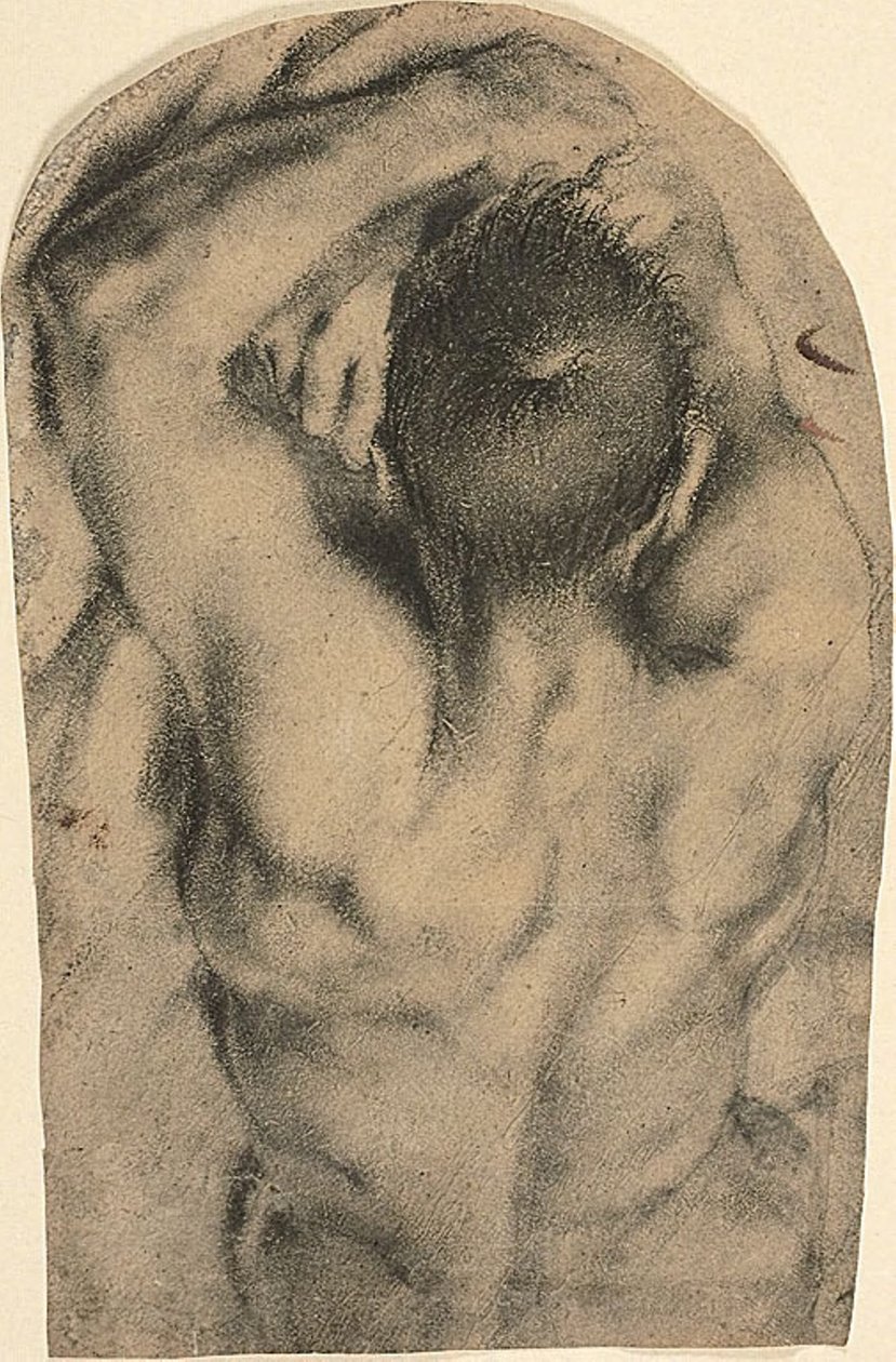 Nu masculino reclinado a meio comprimento visto de costas, c.1590 (carvão vegetal, toques de tinta de óleo e vestígios de branco de chumbo sobre papel) de Pietro Faccini