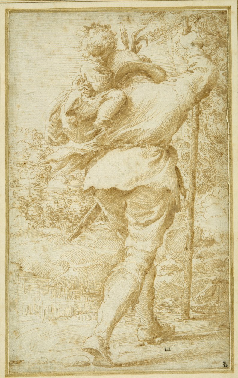 São Cristóvão transportando a Criança Cristo (caneta e tinta marrom sobre papel branco) de Pietro Faccini