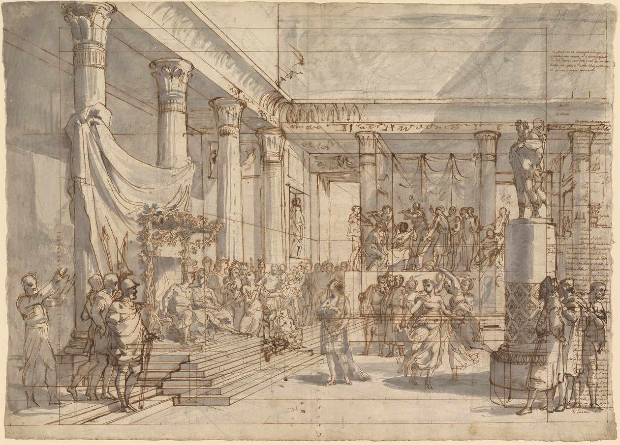 Timóteo tocando a lira diante de Alexandre e Thaïs no Salão do Palácio de Persépolis de Pietro Fancelli