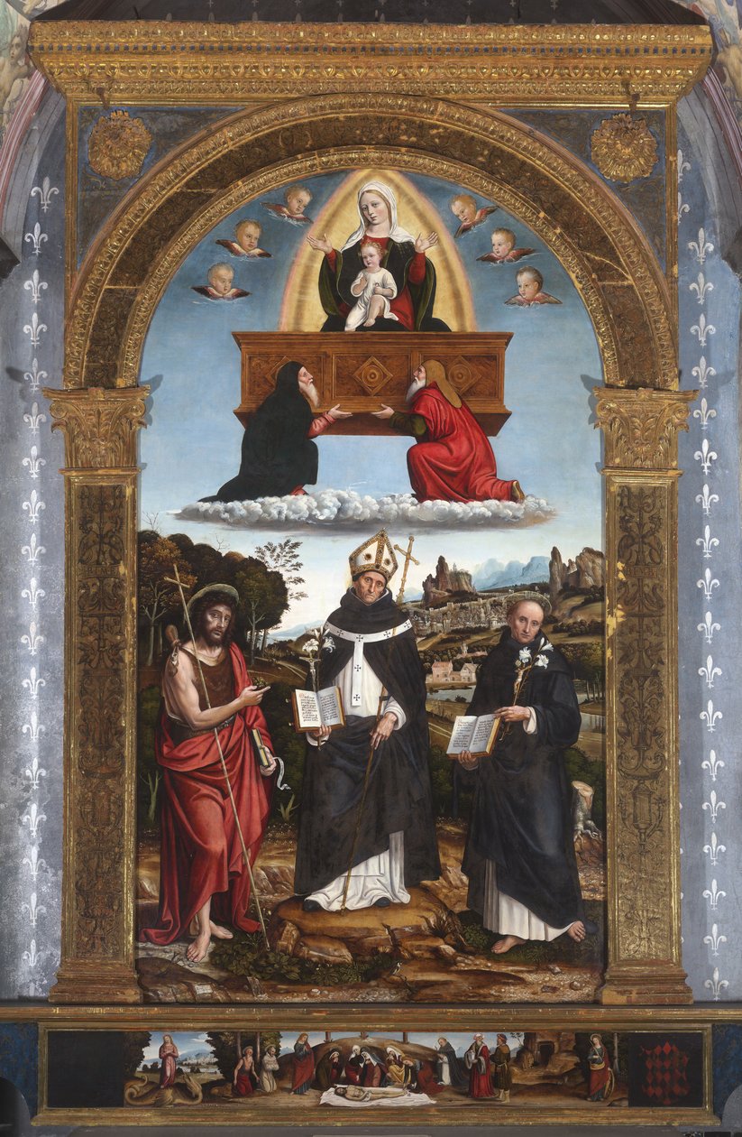 Madonna Odigitria com os Santos: João Batista, Antonino de Florença e Nicola de Tolentino de Pietro Francesco (1485-1528) Sacchi
