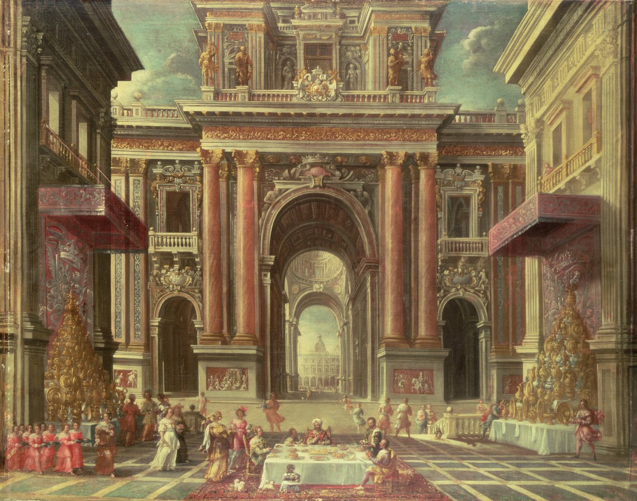 Festa magnífica no pátio de um palácio barroco (óleo sobre tela) de Pietro Francesco Garoli