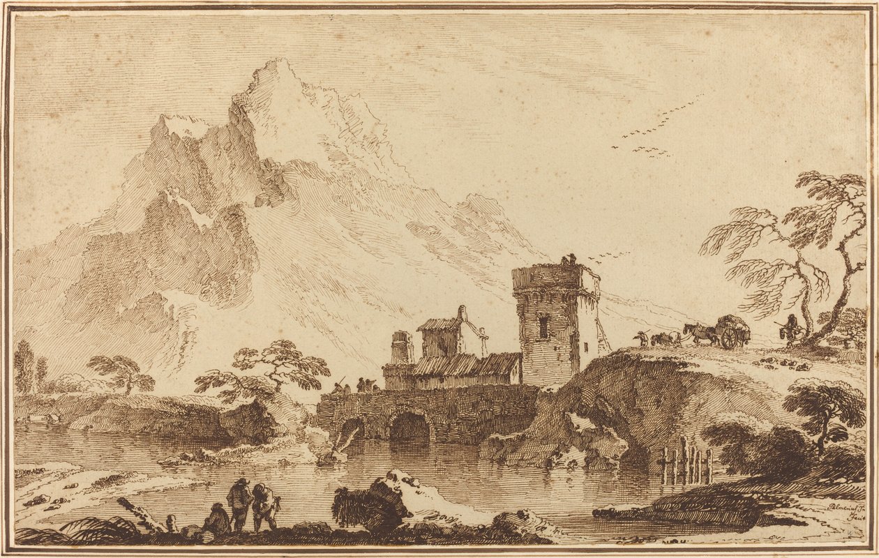 Ponte fortificada contra montanhas distantes de Pietro Giacomo Palmieri